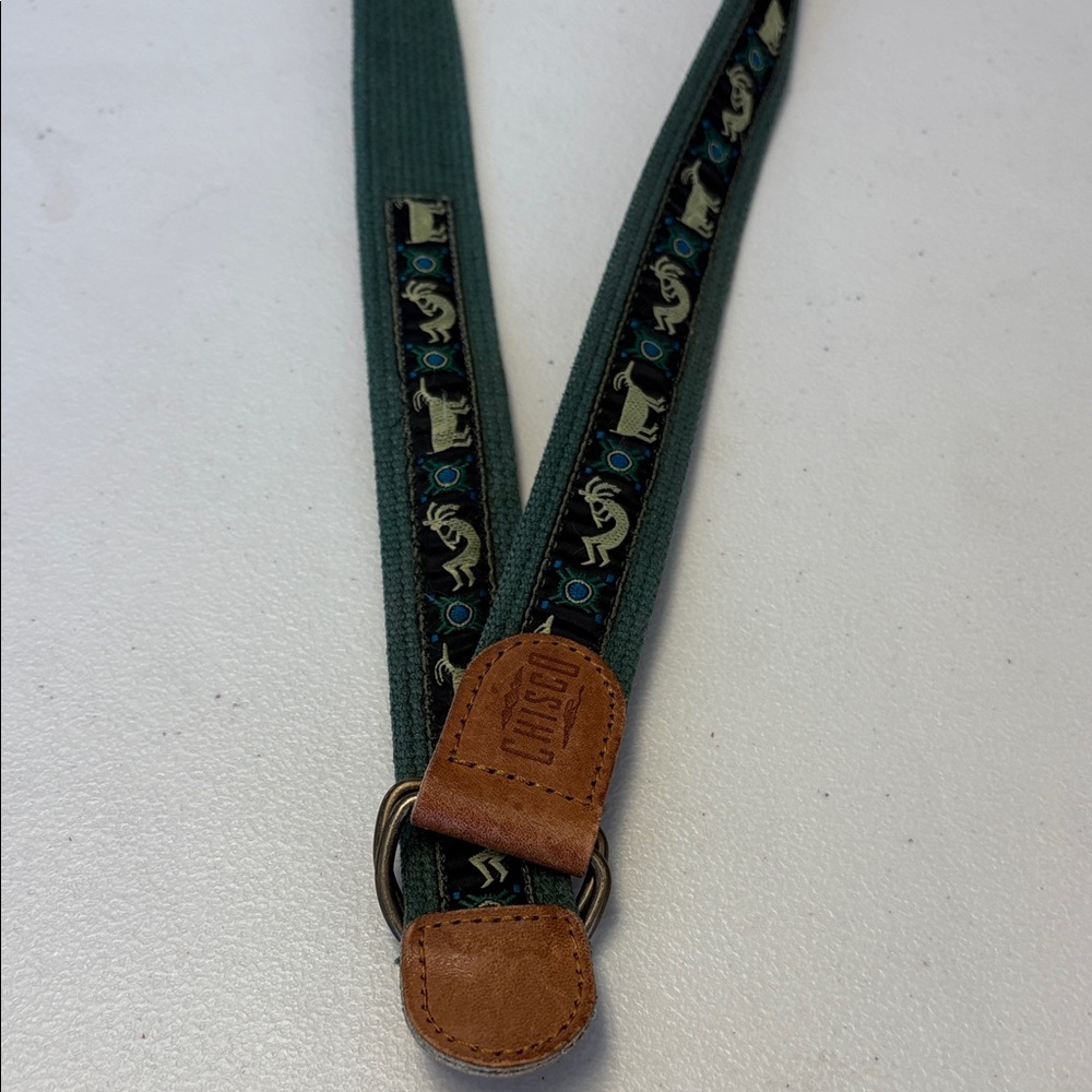 Green Patterned Fabric Strap Belt Leather Accents Sz 36